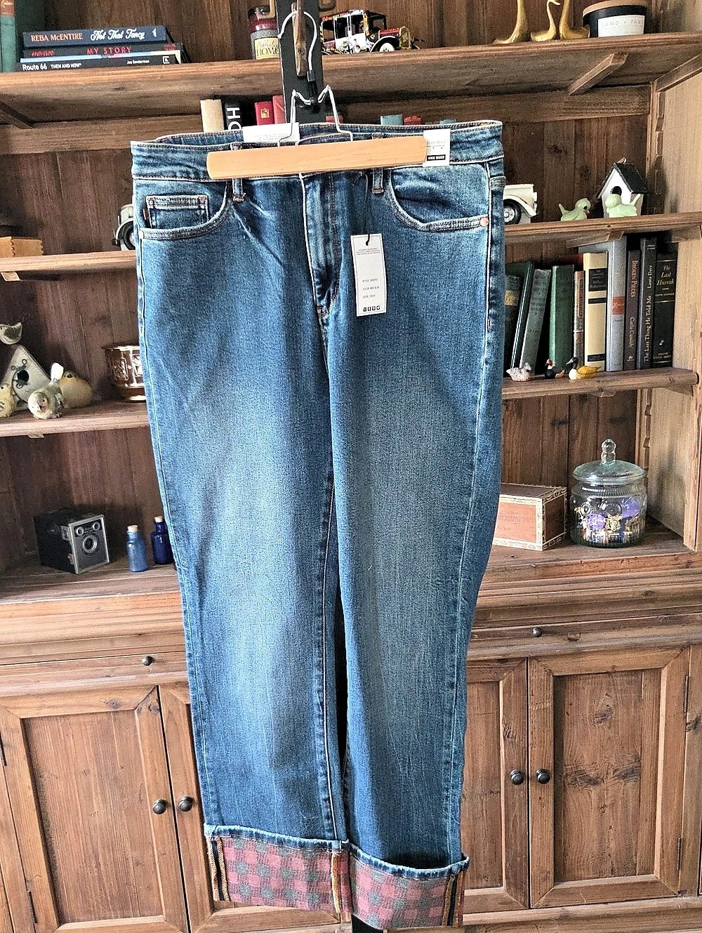 Judy Blue Long Inseam Plaid Cuff City Straight Leg Jeans Straight Leg Plaid Cuff
